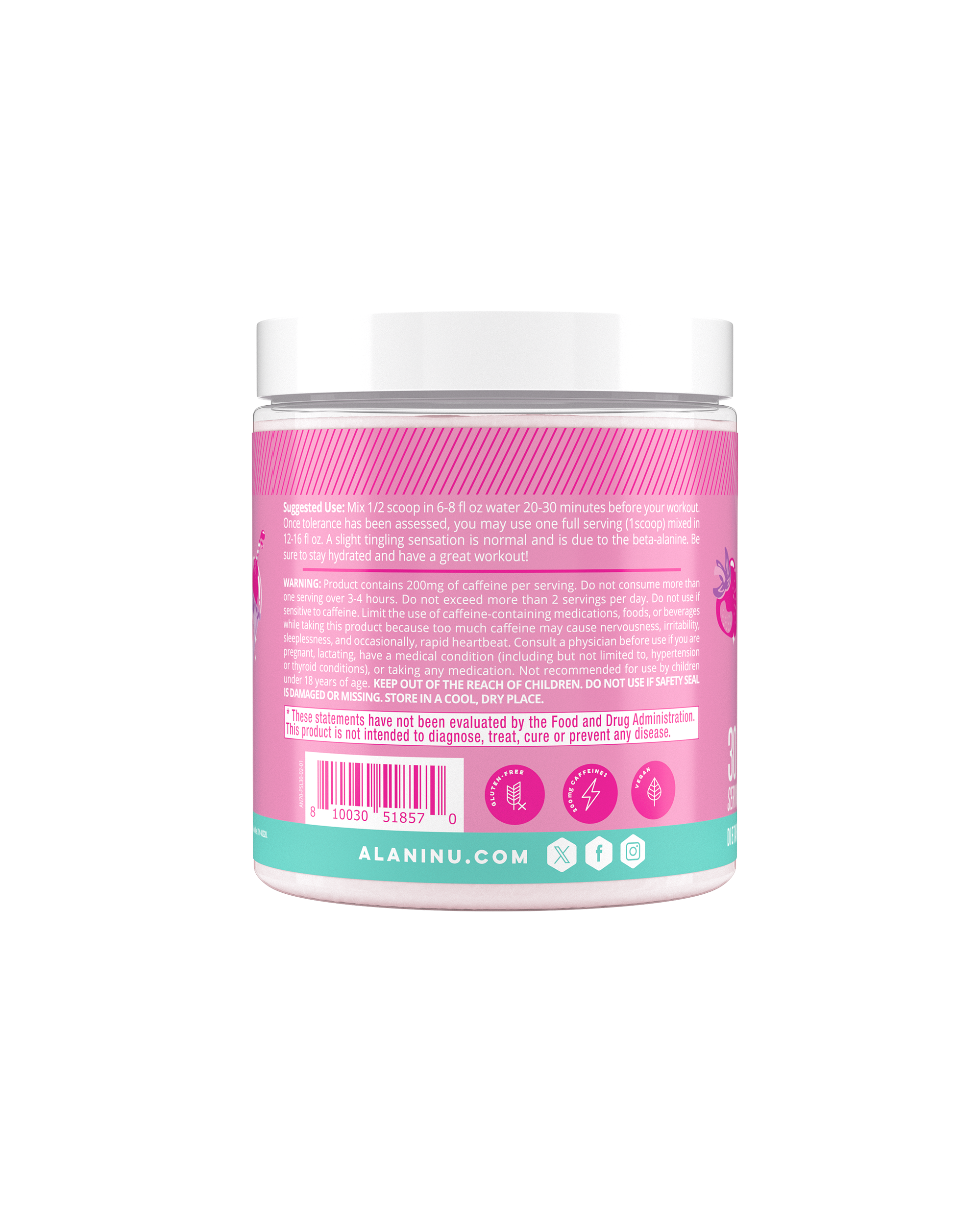 A jar of Alani Nu's Pre-Workout - Pink Slush features a pink lid. The label promotes its caffeine boost and sugar-free formula, includes usage instructions, and has a barcode at the bottom.
