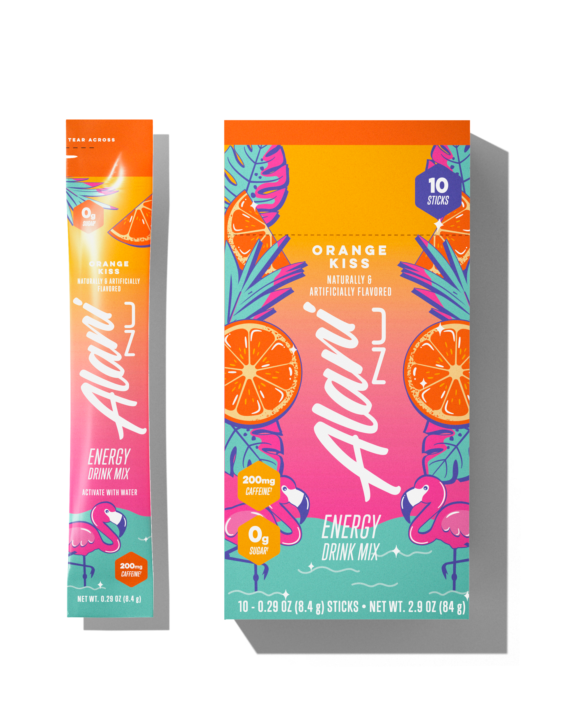 The front views of a 0.29oz stick and a 10-pack of Alani’s sugar-free Orange Kiss Energy Drink Mix, naturally and artificially flavored and made with 200mg of caffeine.