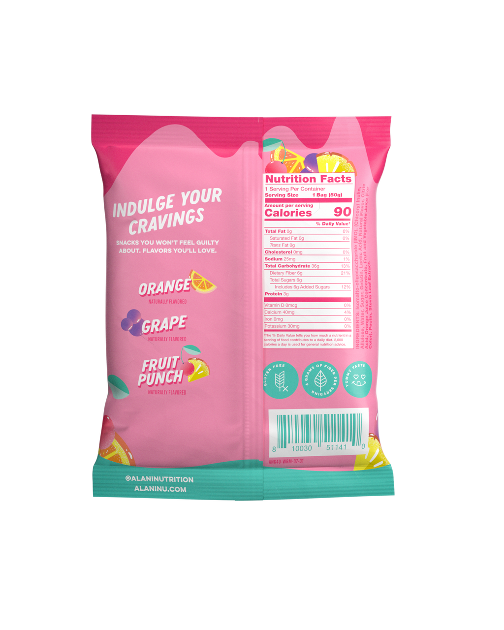 A back view of Gummi in Sour Gummy Worms flavor highlighting nutrition facts
