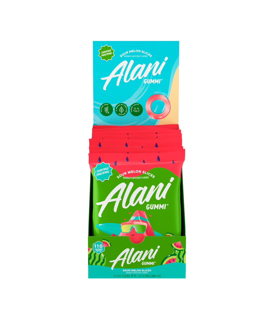 A 12 pack front view of gummi in flavor sour melon slices.