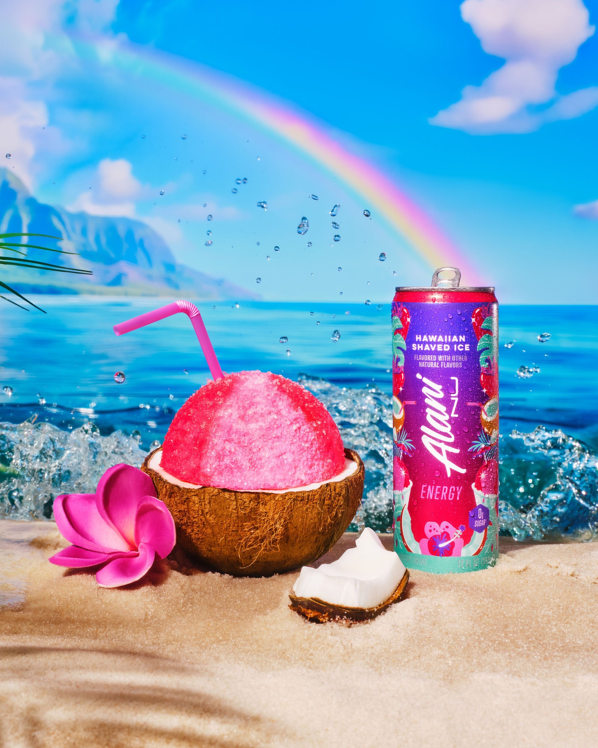 An Energy Drink next to pink shaved ice in a coconut shell. In the distance, a lush island and a rainbow. ​