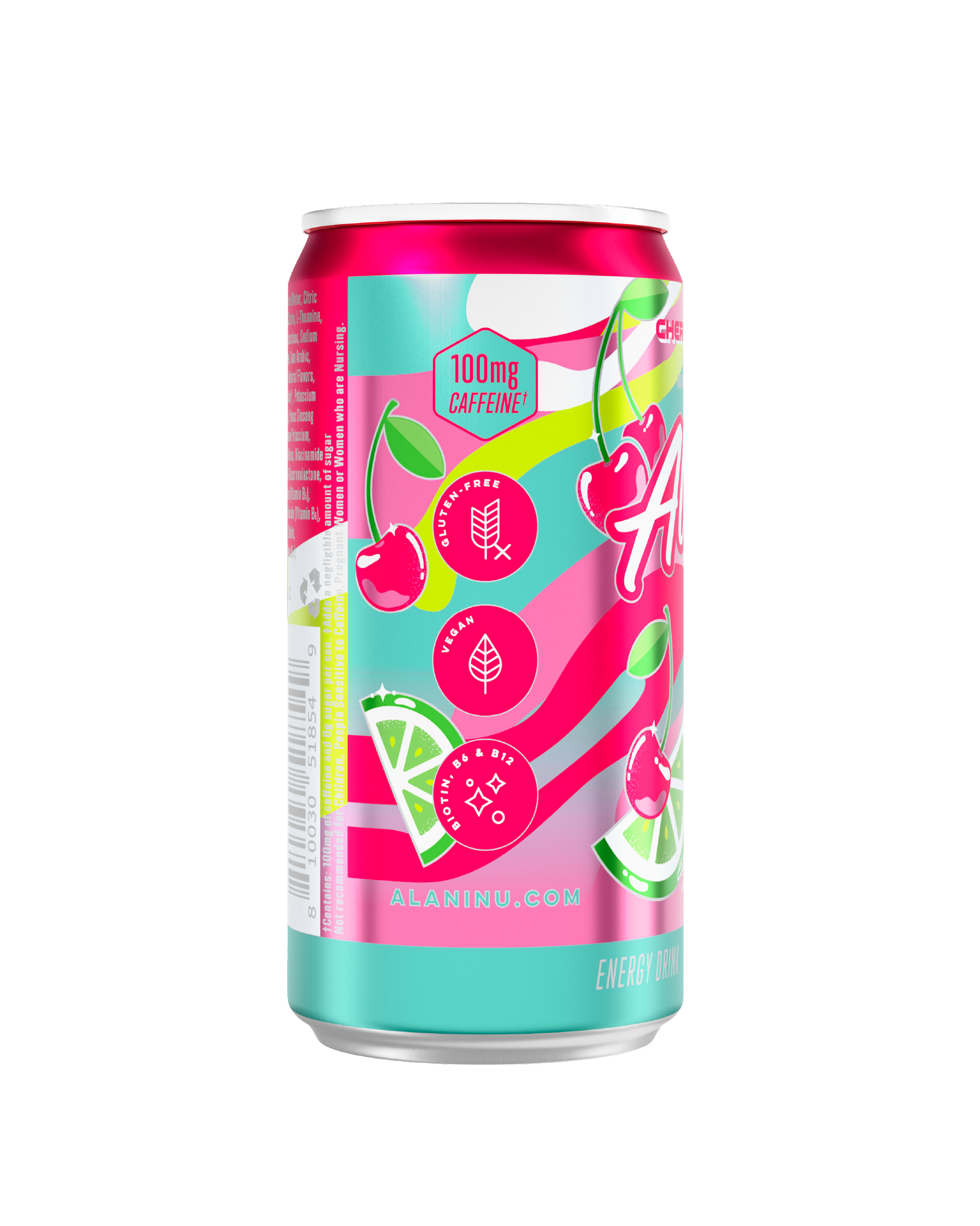 The side view of a Cherry Twist Mini Energy can, gluten-free, vegan, and made with B vitamins and 100mg of caffeine.
