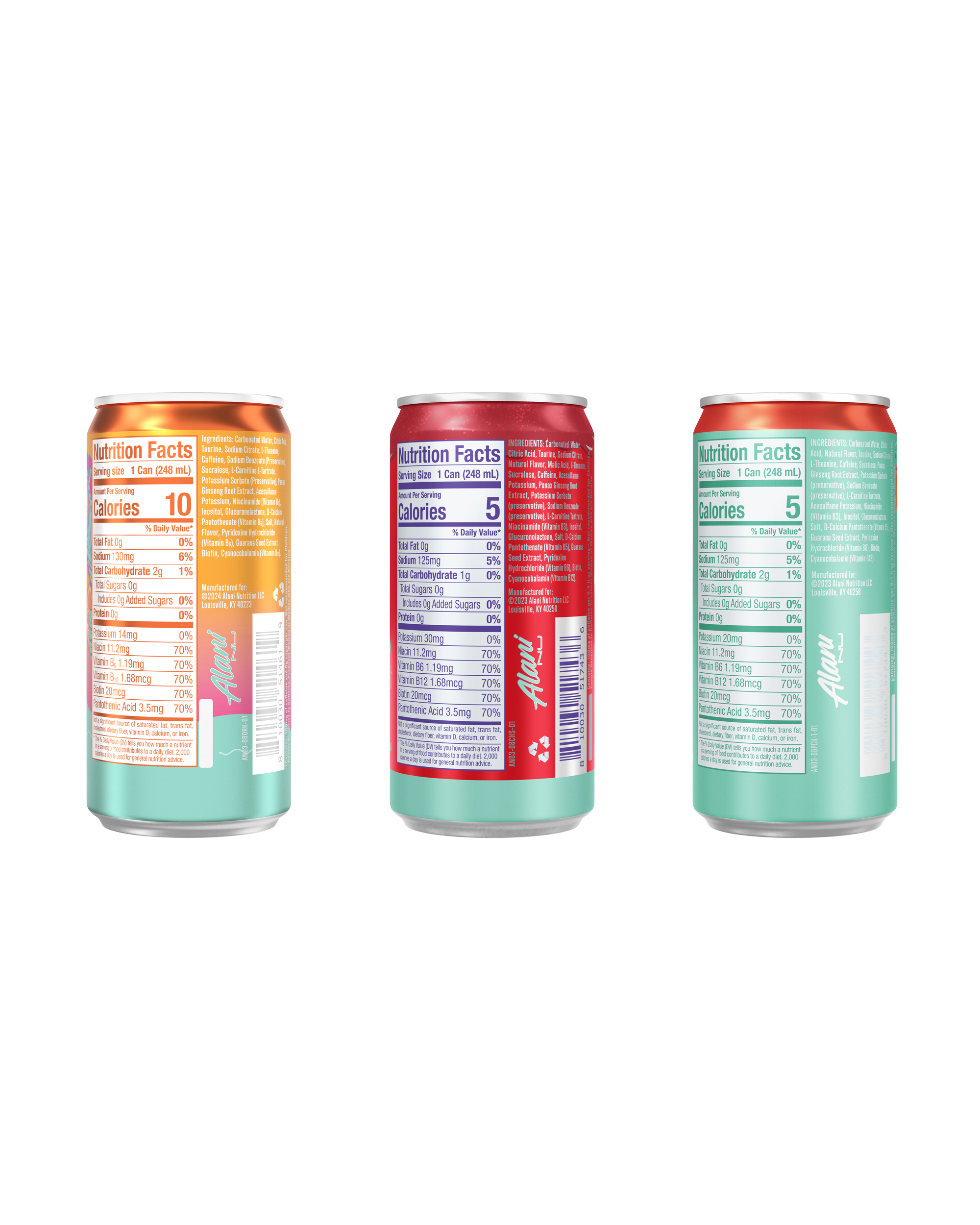 A back view of Mini Cans in flavors Orange Kiss, Cherry Slush and Juicy Peach showcasing nutrition facts.