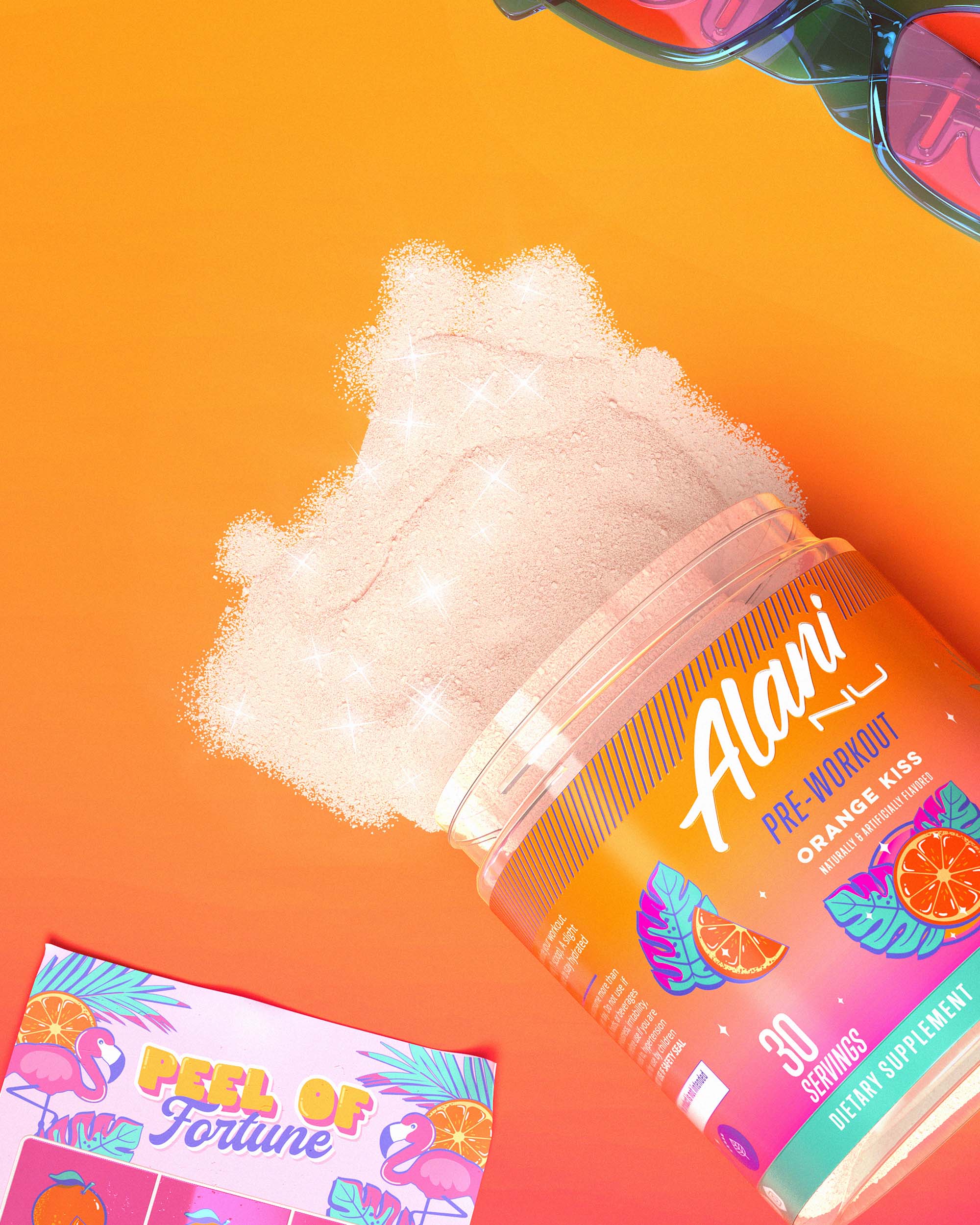 A spilled tub of Orange Kiss Pre-Workout next to sunglasses and a “Peel of Fortune” lottery card.