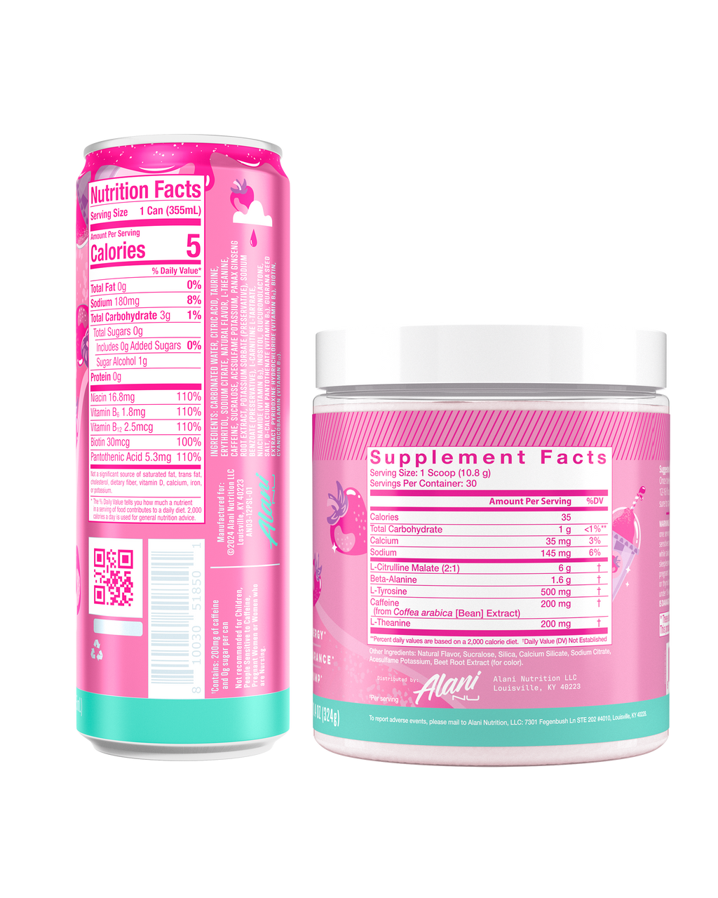 The back view of an Alani Nu Pink Slush Energy Drink can and Pre-Workout tub, showing nutrition facts.